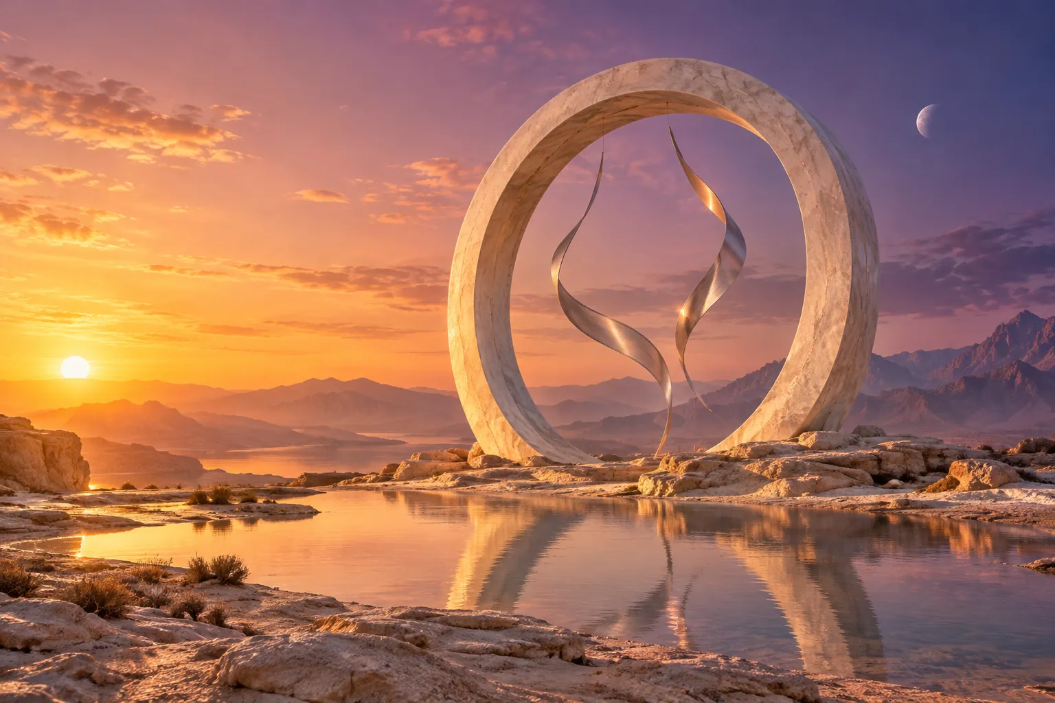 Illustrative cinematic desert arch and reflective pool