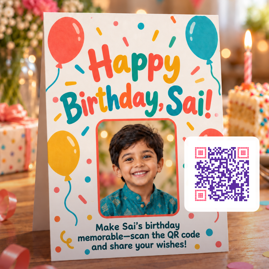 Birthday card with a QR code guests scan to share their wishes