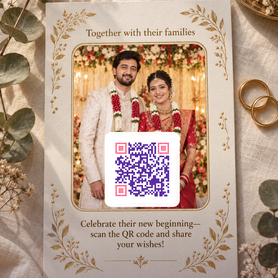 Wedding invitation card with a QR code linking to the couple’s photo album